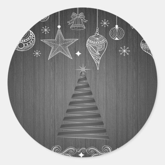 Kerstboom, witte kerstsieraden ronde sticker (Voorkant)