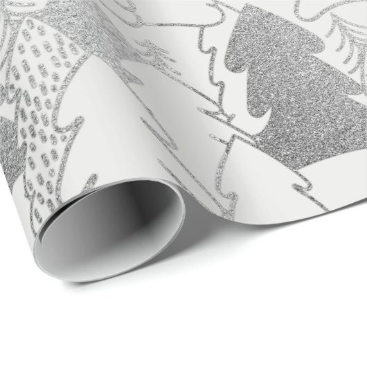 Kerstboom Witte sneeuw Zilver Glitter Wood Cadeaupapier (Rol Hoek)