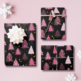 Kerstboom Woodland Roze Zwart Inpakpapier Vel