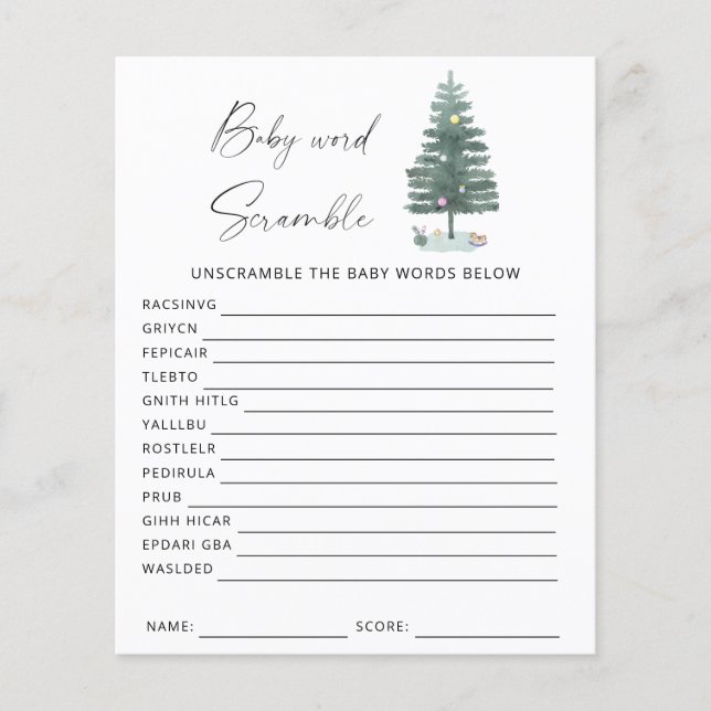 Kerstboom - woord scramble baby shower spel (Voorkant)