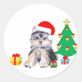 Kerstboom, Yorkshire puppy & cadeaus Ronde Sticker