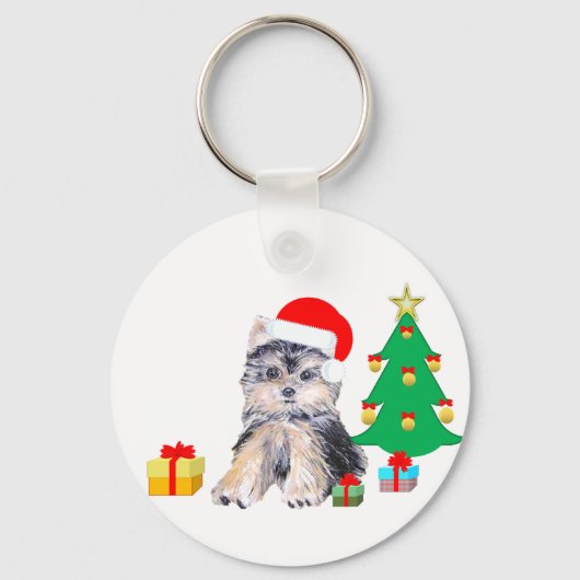 Kerstboom, Yorkshire puppy & cadeaus Sleutelhanger (Voorkant)