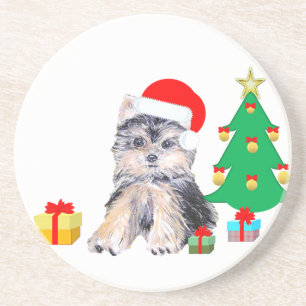 Kerstboom, Yorkshire puppy & cadeaus Zandsteen Onderzetter