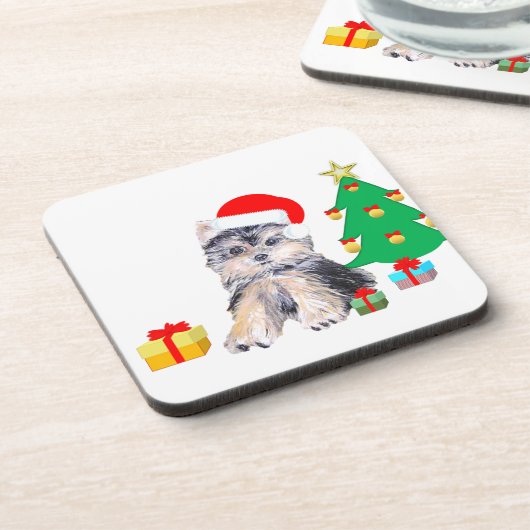 Kerstboom, Yorkshire puppy dog & giften Bier Onderzetter (Linkerzijde)