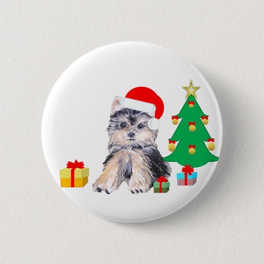 Kerstboom, Yorkshire puppy dog & giften Ronde Button 5,7 Cm (Voorkant)