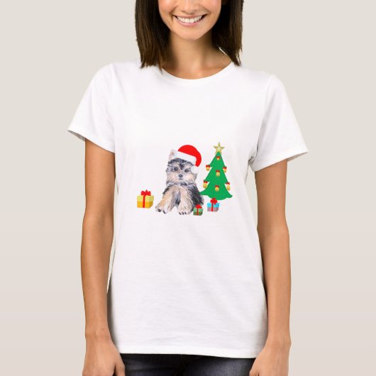 Kerstboom, Yorkshire puppy dog & giften T-shirt (Voorkant)