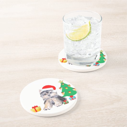 Kerstboom, Yorkshire puppy dog & giften Zandsteen Onderzetter (Zijkant)