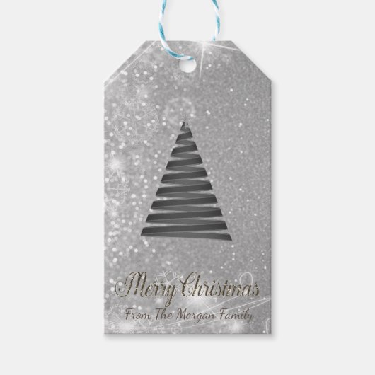 Kerstboom, Zilver Glitter - Gepersonaliseerd Cadeaulabel (Voorkant)