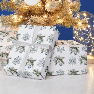 Kerstboom Zilveren Sneeuwvlokken Blauwe Ornamenten Cadeaupapier