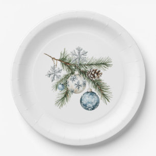 Kerstboom Zilveren Sneeuwvlokken Blauwe Ornamenten Papieren Bordje