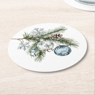 Kerstboom Zilveren Sneeuwvlokken Blauwe Ornamenten Ronde Kartonnen Onderzetter