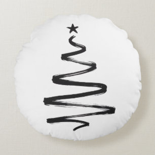 Kerstboom Zwart en Wit Rond Kussen
