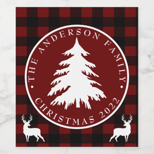 Kerstboom, zwart-wit en rood, gepersonaliseerd wijn etiket (Enkel label)