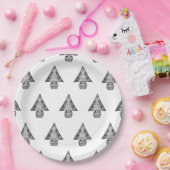 Kerstboom, zwart-wit tekenpatroon papieren bordje (Feest)