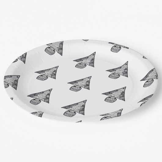 Kerstboom, zwart-wit tekenpatroon papieren bordje (Gekanteld)