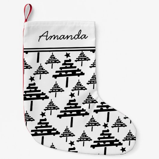 kerstboom zwarte en witte kousen met naam kleine kerstsok (Voorkant)