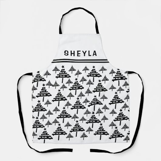 Kerstboom Zwarte en Witte Patroonnaam Schort (Voorkant)
