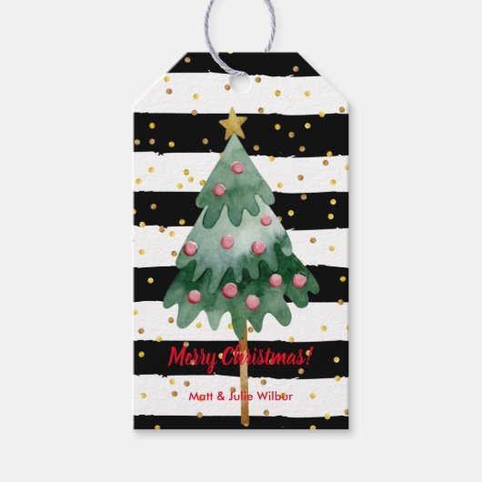 Kerstboom, zwarte en witte strepen cadeaulabel (Voorkant)