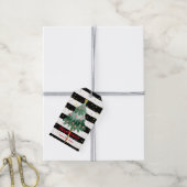 Kerstboom, zwarte en witte strepen cadeaulabel (Met Touw)