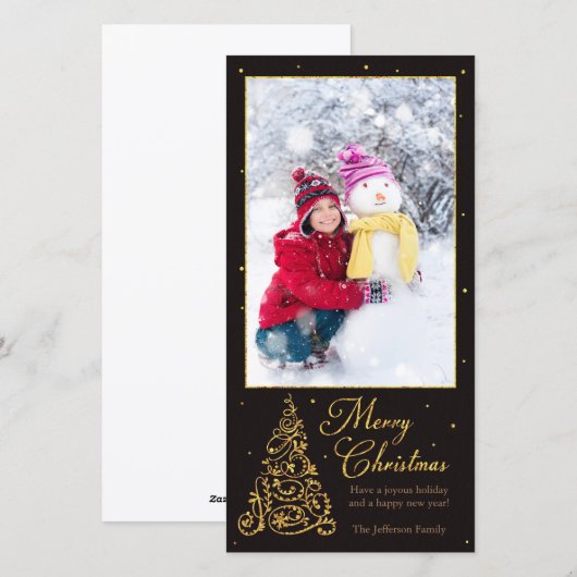  kerstboom zwarte glitter feestdagenkaart (Voorkant / Achterkant)