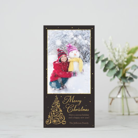  kerstboom zwarte glitter feestdagenkaart (Staand voorkant)