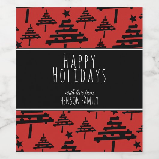 kerstboom zwarte rode feestjes  wijn etiket (Enkel label)