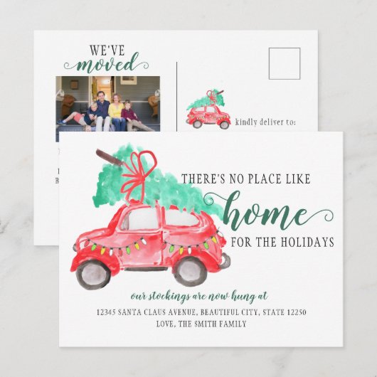 Kerstboomauto We hebben de fotovakantie verplaatst Aankondigingskaart (Voorkant / Achterkant)