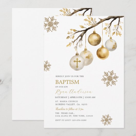 Kerstboomballen Goud Sneeuwvlokken Doop Kaart (Voorkant / Achterkant)