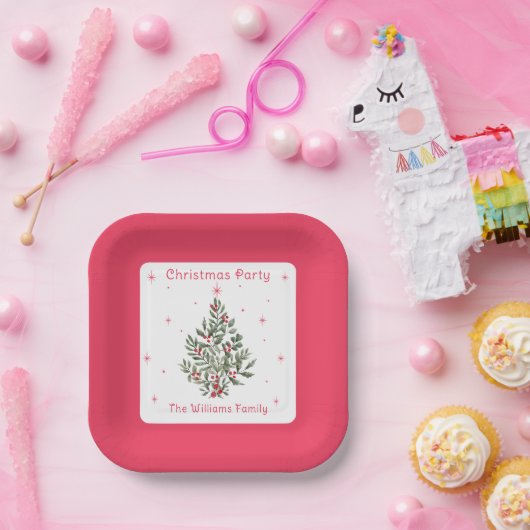 Kerstboomfeest rood en wit papieren bordje (Feest)