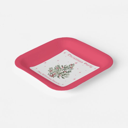 Kerstboomfeest rood en wit papieren bordje (Gebogen)