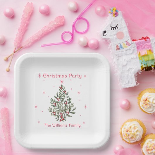 Kerstboomfeest rood en wit papieren bordje (Feest)