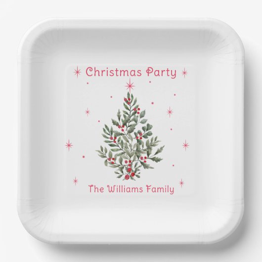 Kerstboomfeest rood en wit papieren bordje (Voorkant)