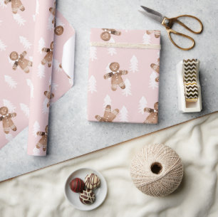 kerstboomfeestdag in Cute Pink Gingerbrood Man Cadeaupapier