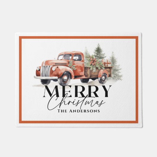 kerstboomfeestdag met rode vrachtwagen deurmat (Voorkant)