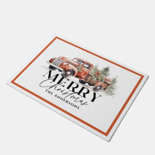  kerstboomfeestdag met rode vrachtwagen deurmat (Schuin)