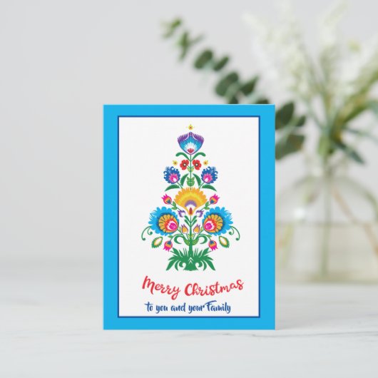 🎄 kerstboomfolklore blue Holiday Briefkaart (Staand voorkant)