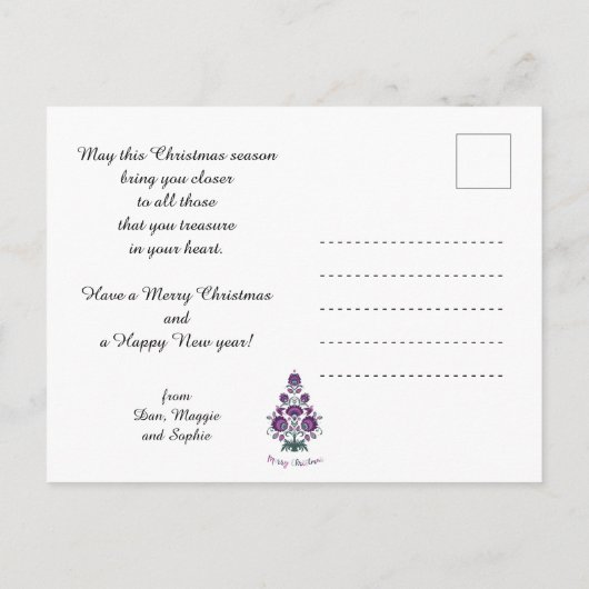 🎄 kerstboomfolklore [paars, grijs] paars feestdagenkaart (Achterkant)