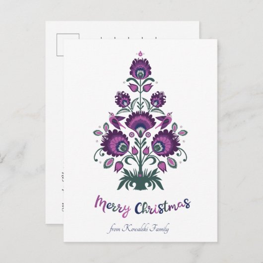 🎄 kerstboomfolklore [paars, grijs] wit Ho Feestdagenkaart (Voorkant / Achterkant)