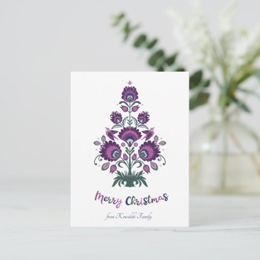🎄 kerstboomfolklore [paars, grijs] wit Ho Feestdagenkaart (Staand voorkant)