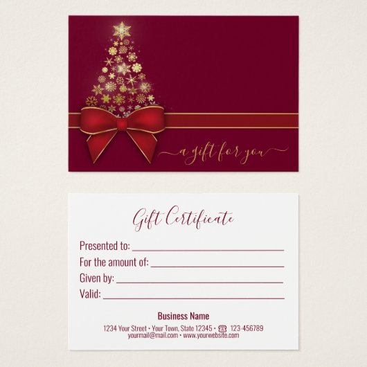 kerstboomgaarden Gold Snowflakes Red Bow-kaartje Visitekaartje (Voorkant /achterkant)