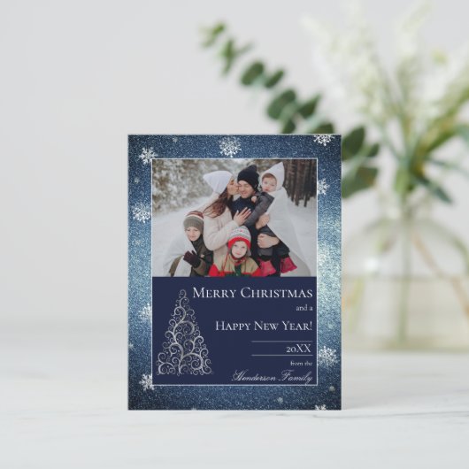 Kerstboomglitters en sneeuwvlokken | Blauw Feestdagenkaart (Staand voorkant)