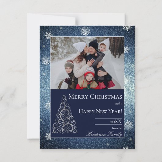 Kerstboomglitters en sneeuwvlokken | Blauw Feestdagenkaart (Voorkant)