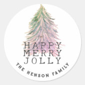 kerstboomgroen roze Waterverf feestdag Ronde Sticker (Voorkant)