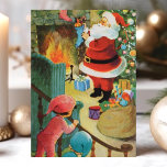 kerstboomhaard, Kinderen op beurzen Feestdagen Kaart<br><div class="desc">Santa Claus Fireplace Kinderen op stairs Holiday Kaart. In dit ontwerp staat de kerstman op de haard terwijl twee kinderen vanaf de trap naar de haard kijken. Wat een mooie retro vakantie scène. Pas dit douaneontwerp met uw eigen binnengroet aan.</div>