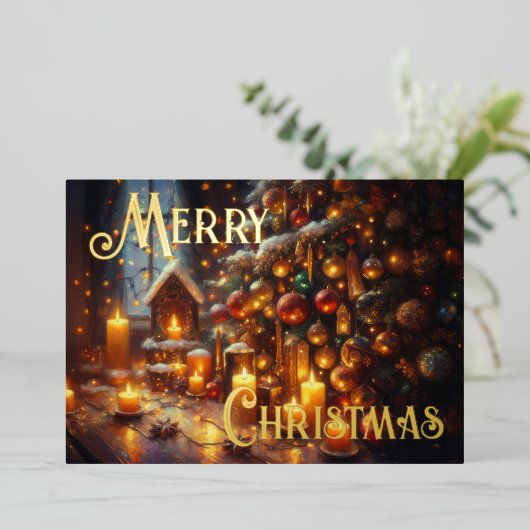 Kerstboomkaarsen getekend met harde pastel folie feestdagenkaart (Staand Voorkant)