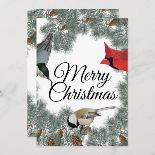 kerstboomkardinaal Nuthatch Chickadee Pine Feestdagenkaart (Voorkant / Achterkant)