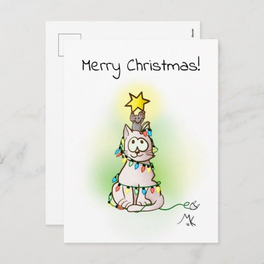 kerstboomkat en muis met glimmende ster feestdagenkaart (Voorkant / Achterkant)