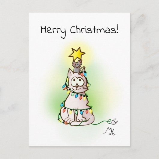 kerstboomkat en muis met glimmende ster feestdagenkaart (Voorkant)