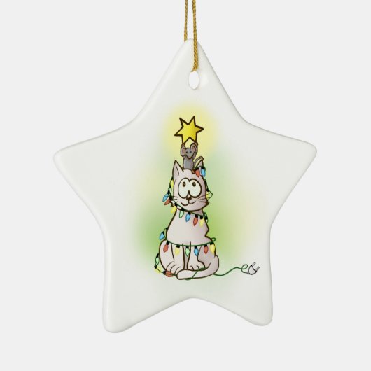 kerstboomkat en muis met glimmende ster keramisch ornament (Rechts)