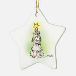 kerstboomkat en muis met glimmende ster keramisch ornament
